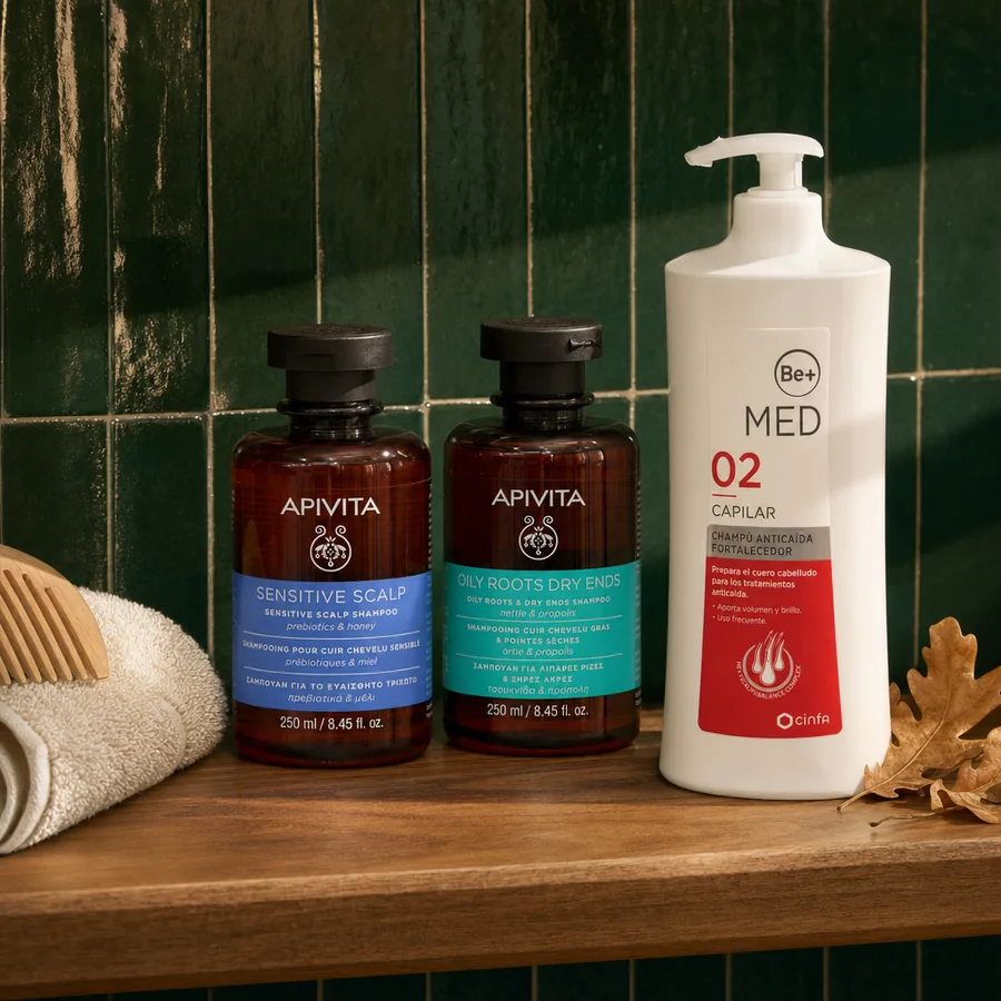 Dos champús Apivita (Sensitive Scalp y Oily Roots Dry Ends) y un champú anticaída Be+ Med sobre una balda de madera, con una toalla, un peine de madera y hojas de otoño