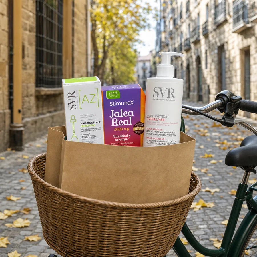 Bicicleta verde oscuro con cesta de mimbre y una bolsa de papel kraft de la que asoman tres productos de cosmética y complementos, en una calle empedrada con hojas de otoño