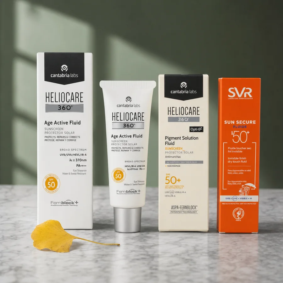 Fotoprotectores Heliocare 360 (Age Active Fluid y Pigment Solution Fluid) y SVR Sun Secure Fluide sobre mármol, con una hoja de ginkgo amarilla