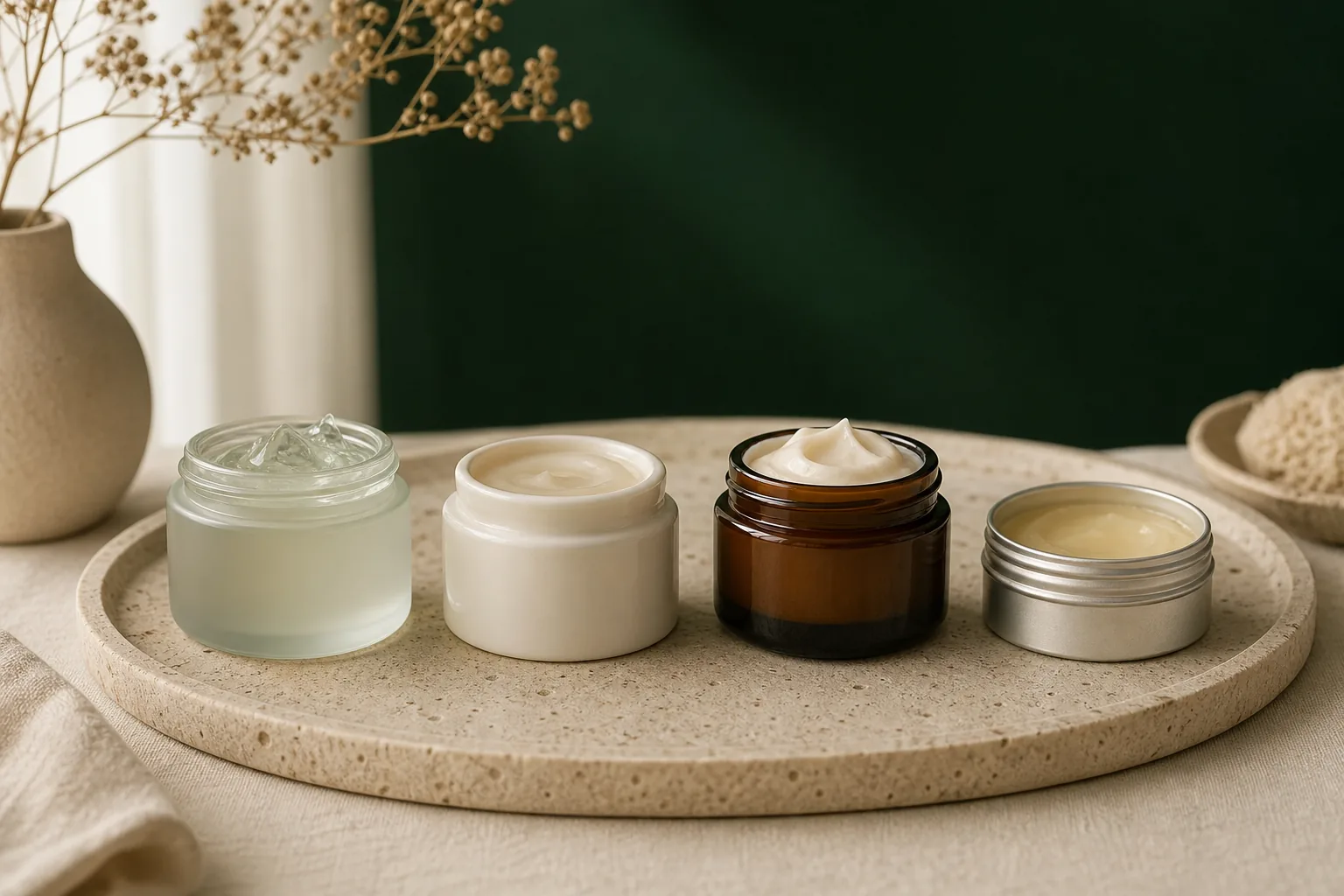 Cuatro tarros de crema facial abiertos con texturas distintas, gel, emulsión, crema rica y bálsamo, sobre una bandeja de travertino