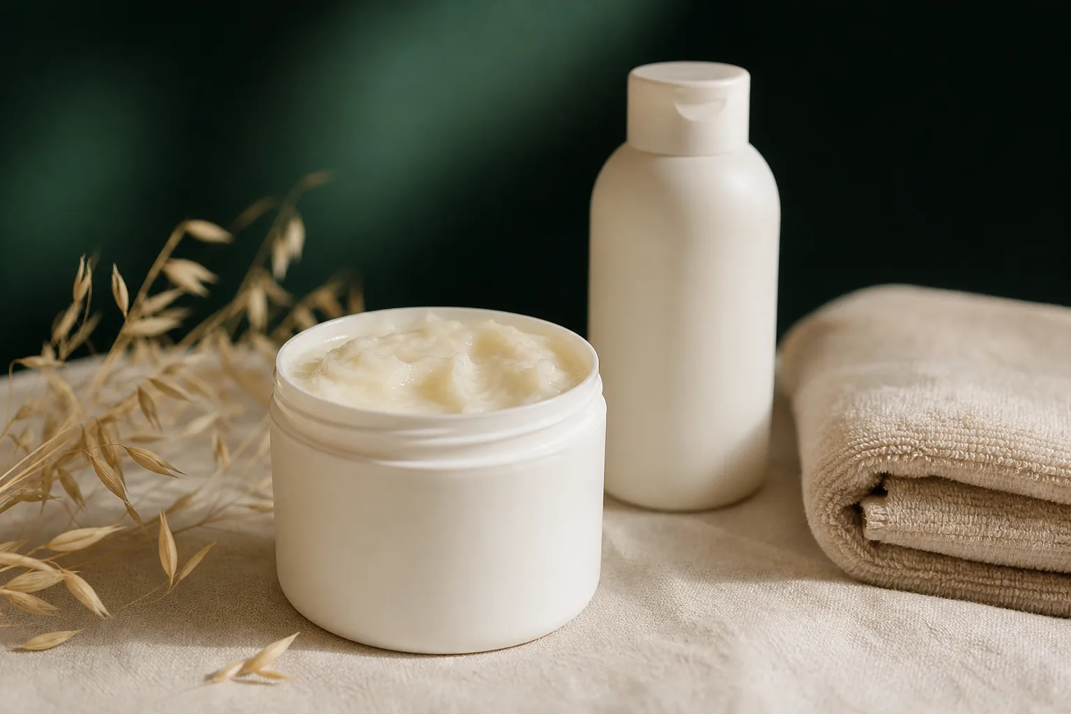 Tarro de crema emoliente abierto con textura de bálsamo, un frasco de aceite de ducha y una toalla de algodón, con espigas de avena
