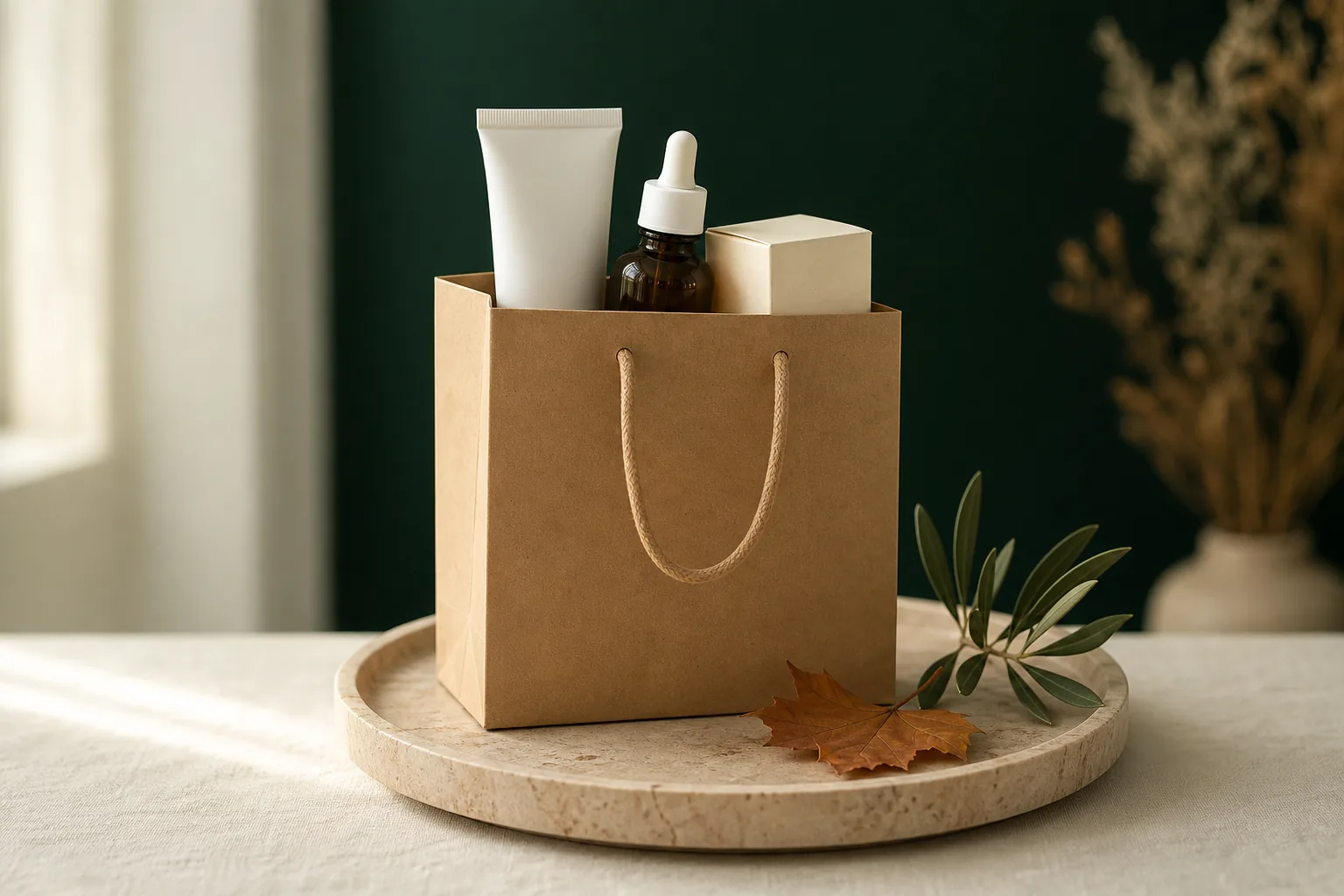 Bolsa de papel kraft con un tubo blanco, un frasco cuentagotas de vidrio ámbar y una caja pequeña, sobre una bandeja de piedra con una ramita de olivo y una hoja de otoño