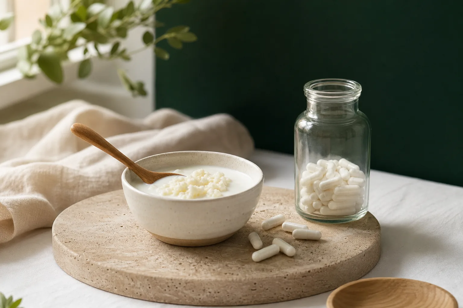 Cuenco de yogur natural, cápsulas blancas y un frasco de vidrio sobre una bandeja de piedra