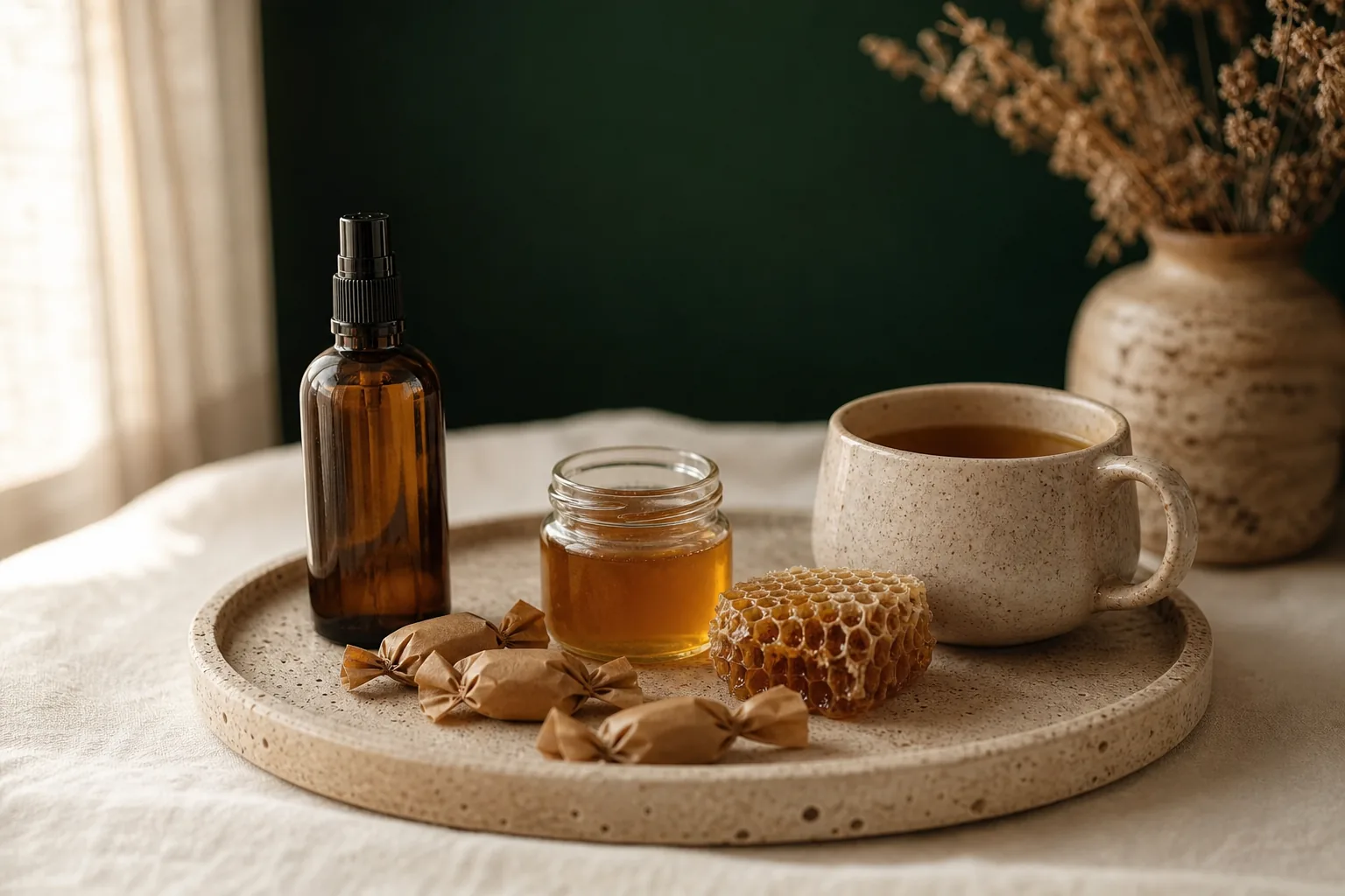 Spray de vidrio ámbar, caramelos envueltos en papel kraft, un tarro de miel y un panal junto a una taza de infusión