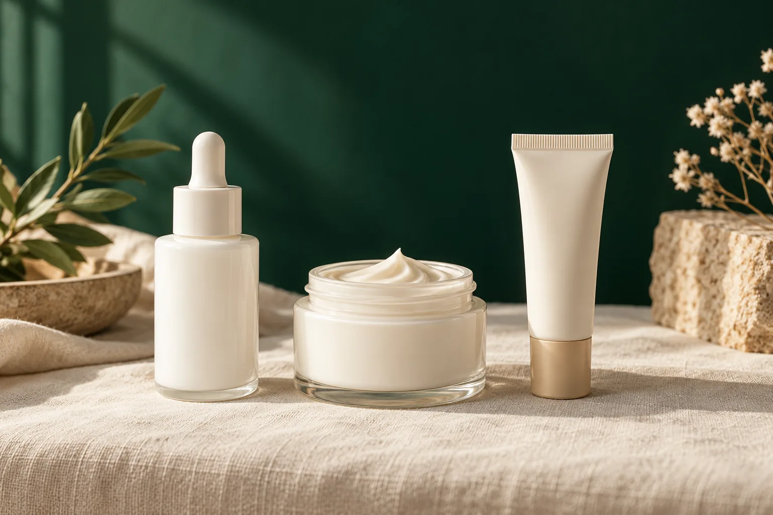 Frasco de sérum con cuentagotas, tarro de crema abierto y tubo pequeño para el contorno de ojos, sin etiqueta, sobre lino