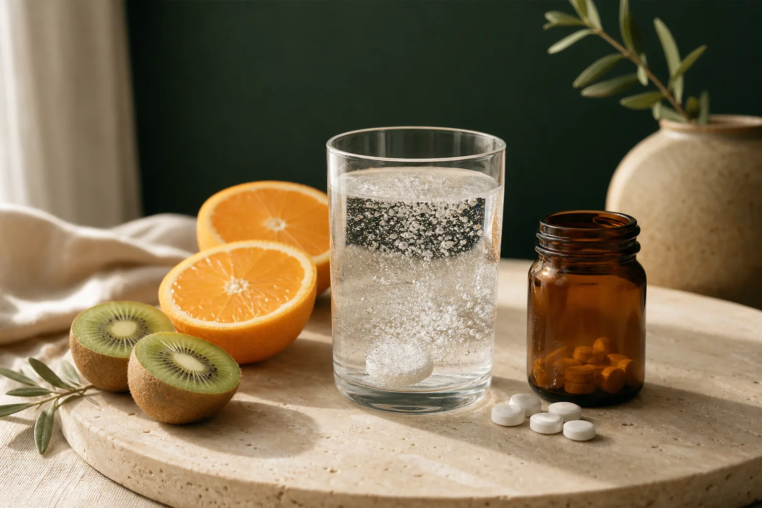Vaso de agua con un comprimido efervescente, medias naranjas, un kiwi y un frasco de comprimidos sobre una bandeja de piedra